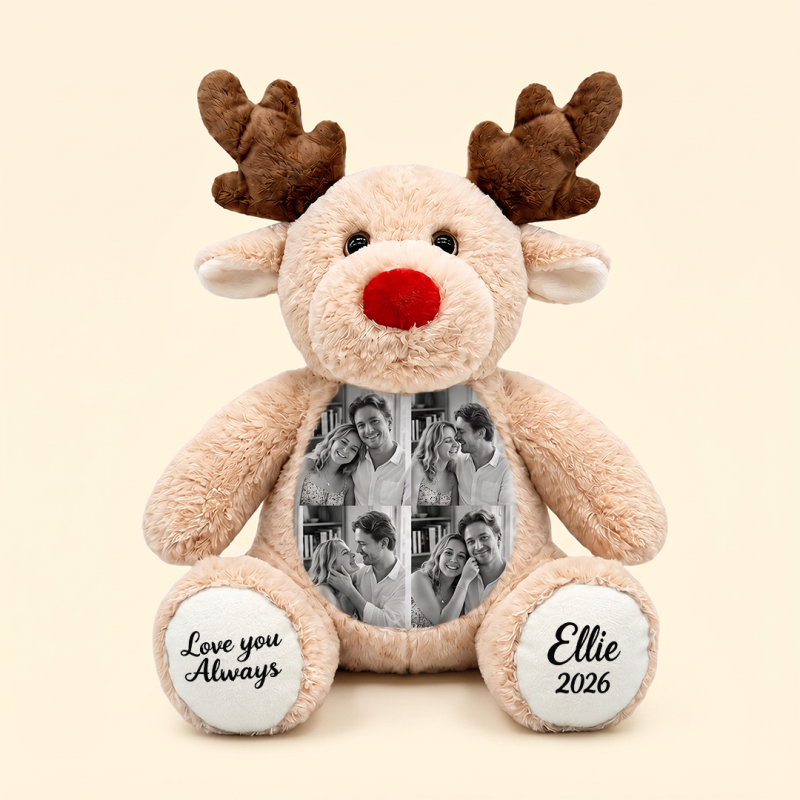 Custom Photo Christmas Reindeer Plush Personalized Stuffed Animal With Name Date Custom Picture Collage Reindeer Toy Couple Gift For Christmas 3