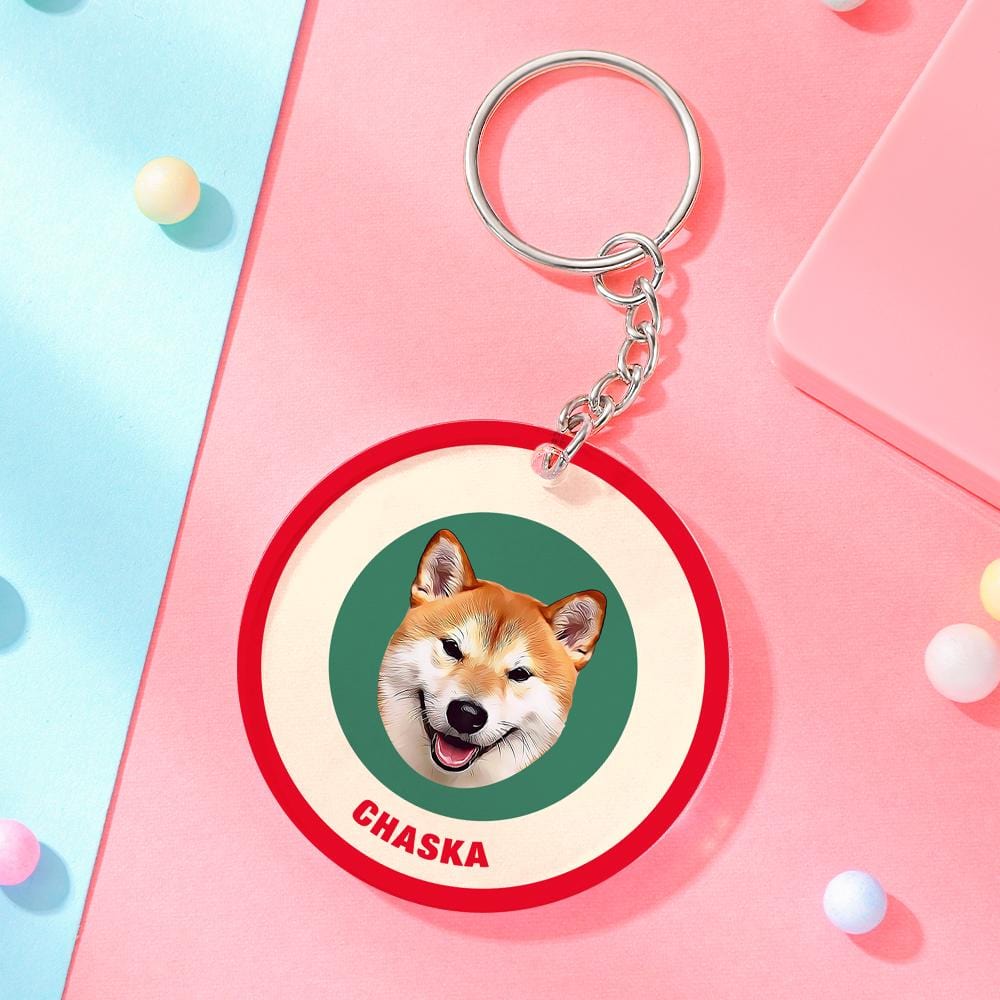 Custom Round Keychain Personalized Pet Photo with Name Keychains Gift for Pet Lover - Red & Green - Image 2