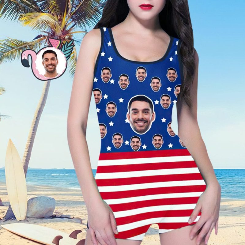 Custom Husband Face American Flag Swimsuit Women’s Summer Beach Pool Outfits One Piece Swimsuit