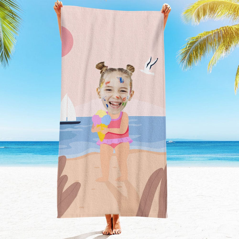 Custom Face Beach Towel Personalized Ice Cream Girl Beach Towel Funny Gift for Summer