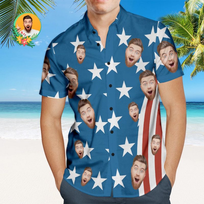 Custom Face Men’s Hawaiian Shirts 4th of July American Flag Patriotic Independence Day Hawaiian Shirts