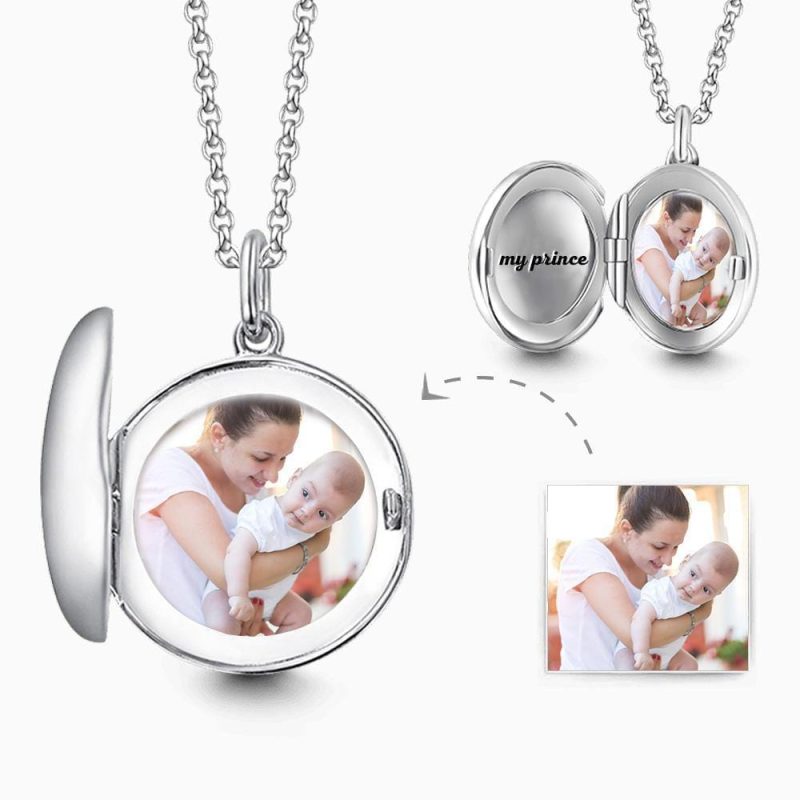 Engraved Round Photo Locket Necklace Gifts for Her Silver
