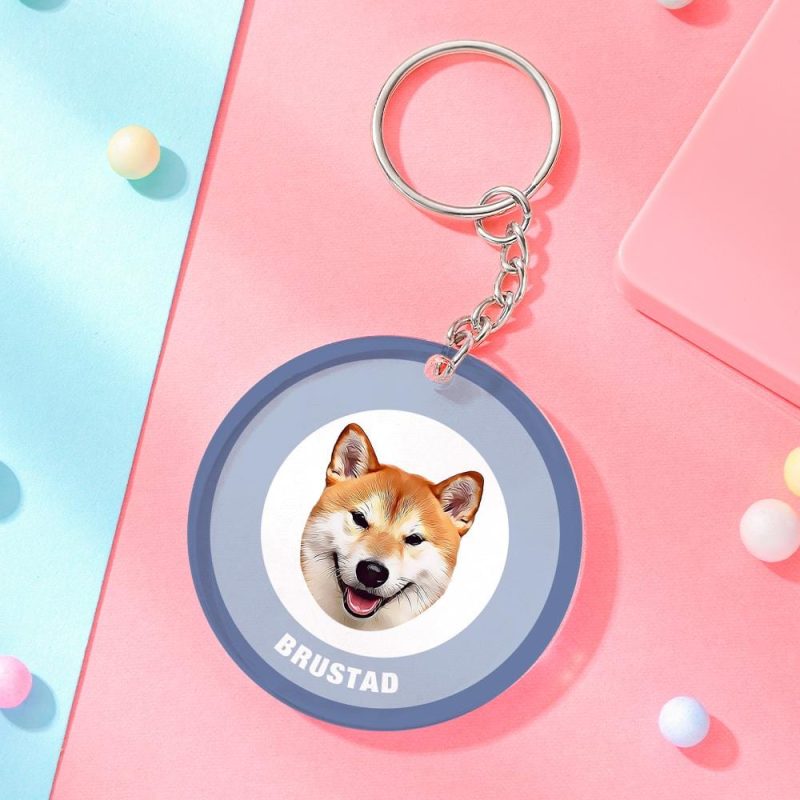 Custom Round Keychain Personalized Pet Photo with Name Keychains Gift for Pet Lover – Blue