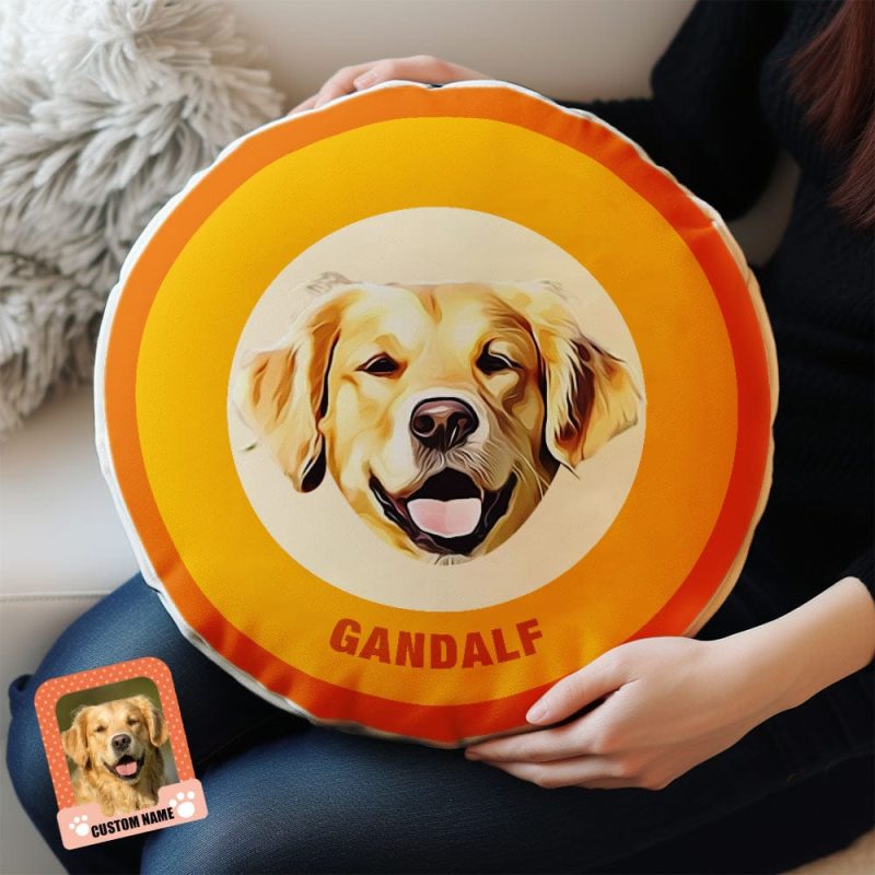 Custom Round Shape Pillow Personalized Pet Photo with Name Gift for Pet Lover – Orange