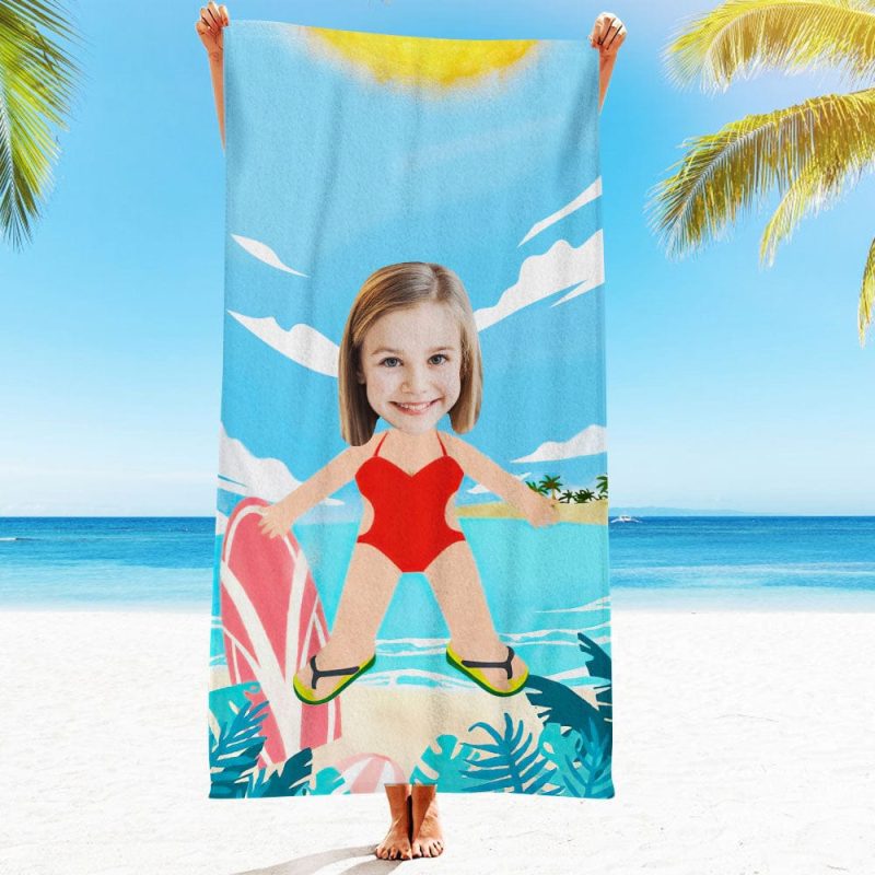 Custom Face Beach Towel Personalized Red Swimsuit Girl Style Beach Towel Funny Gift for Summer
