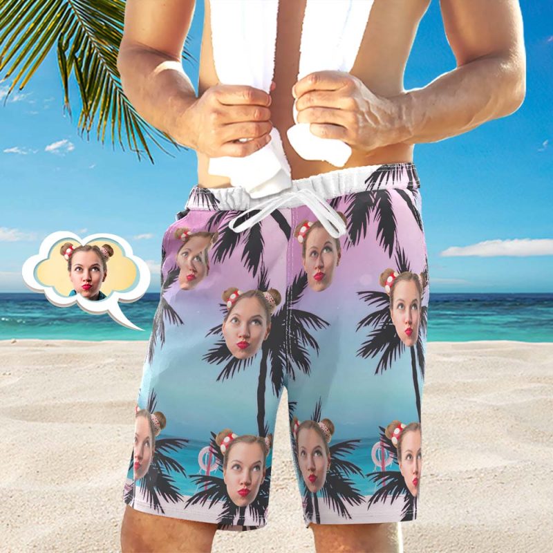 Men’s Custom Face Beach Trunks All Over Print Photo Shorts Palm