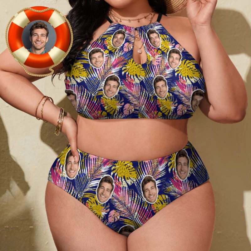 Custom Swimwear Personalized Face Plus Size Bikini Swimsuit-Colorful Leaves