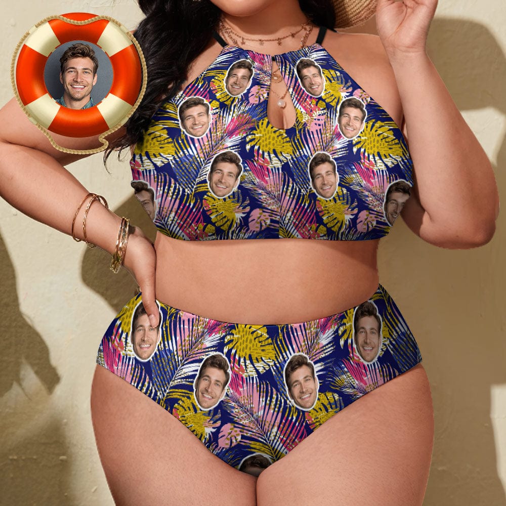 Custom Swimwear Personalized Face Plus Size Bikini Swimsuit-Colorful Leaves