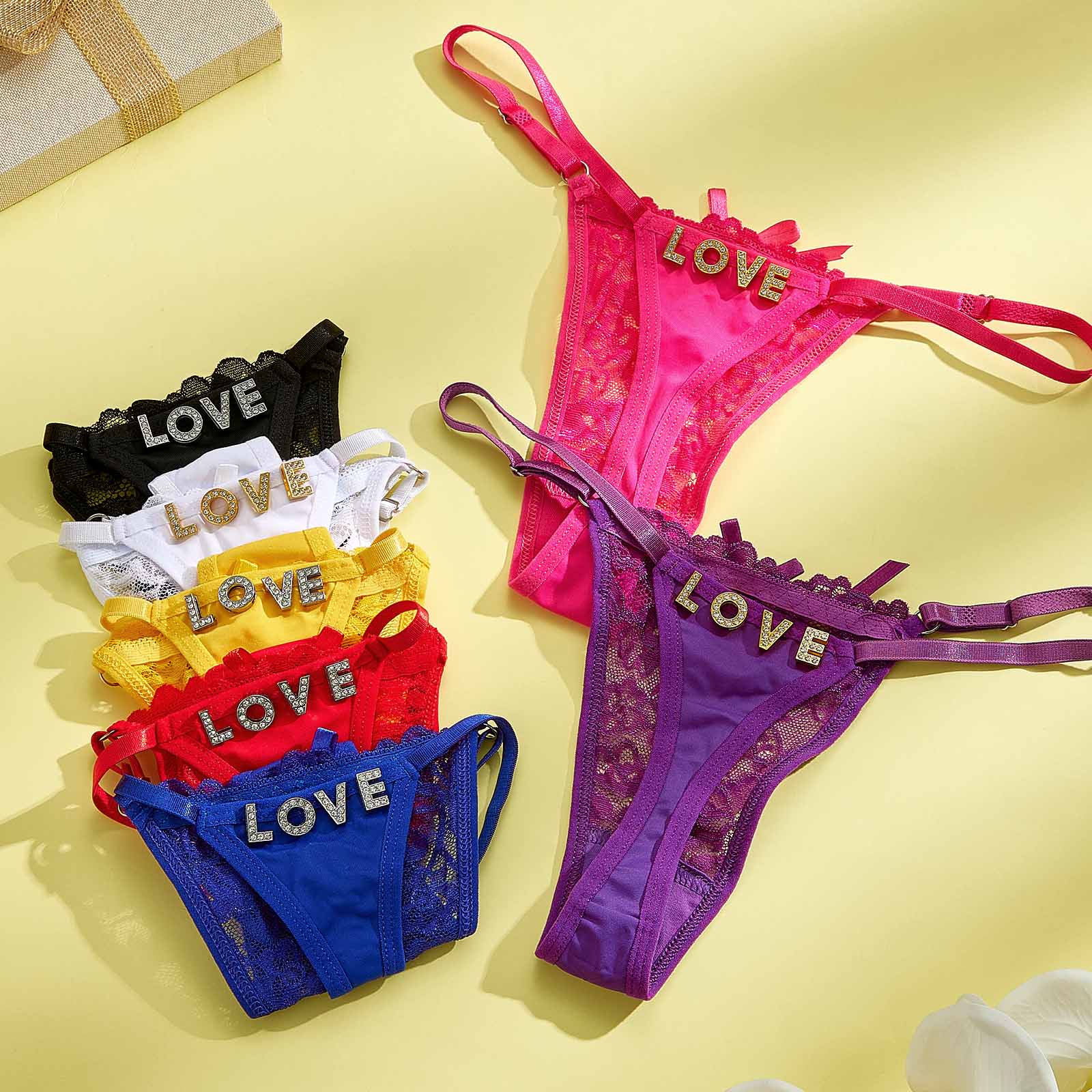 Custom Rhinestone Alphabet Thong Panties Butterfly-themed sensual