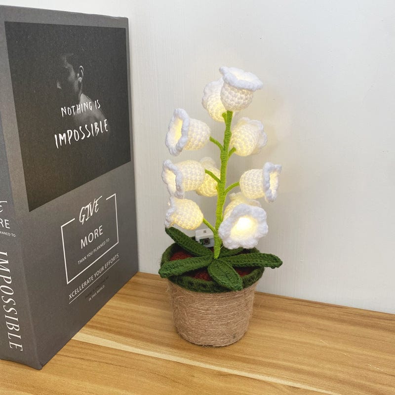 Crochet Handmade Lily Potted Plant Light Lamp, Lilies of the Valley,Finished Product,Knitted Flower Decoration,3 flash modes girlfriend gift