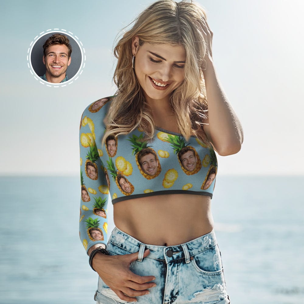 One Shoulder Long Sleeve T-Shirt With Face Pineapple One Shoulder Top Gifts for Her - Image 2