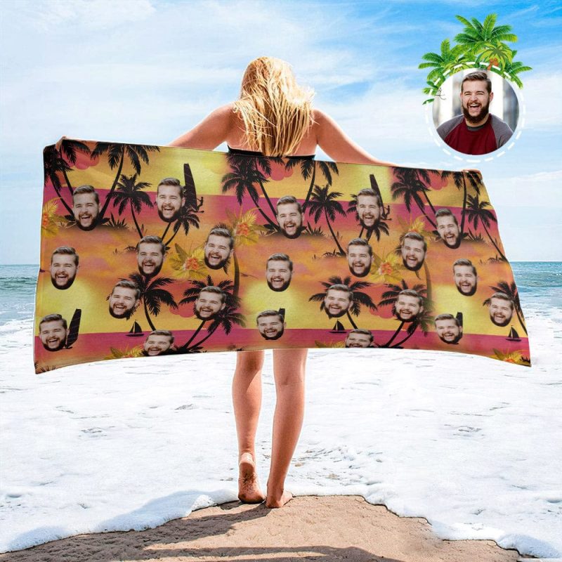 Personalized Beach Towels with Photo Custom Sunset and Coconut Trees Beach Towel