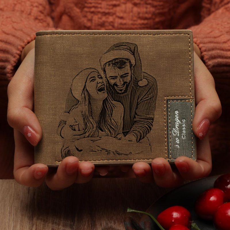 Custom Photo Engraved Short Wallet Brown Personalised Gifts