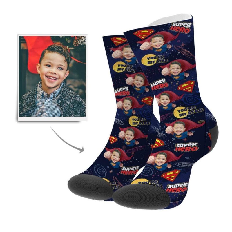 Father’s Day Socks Father’s Gift Custom Photo Socks Superhero StyleFace Mash Socks