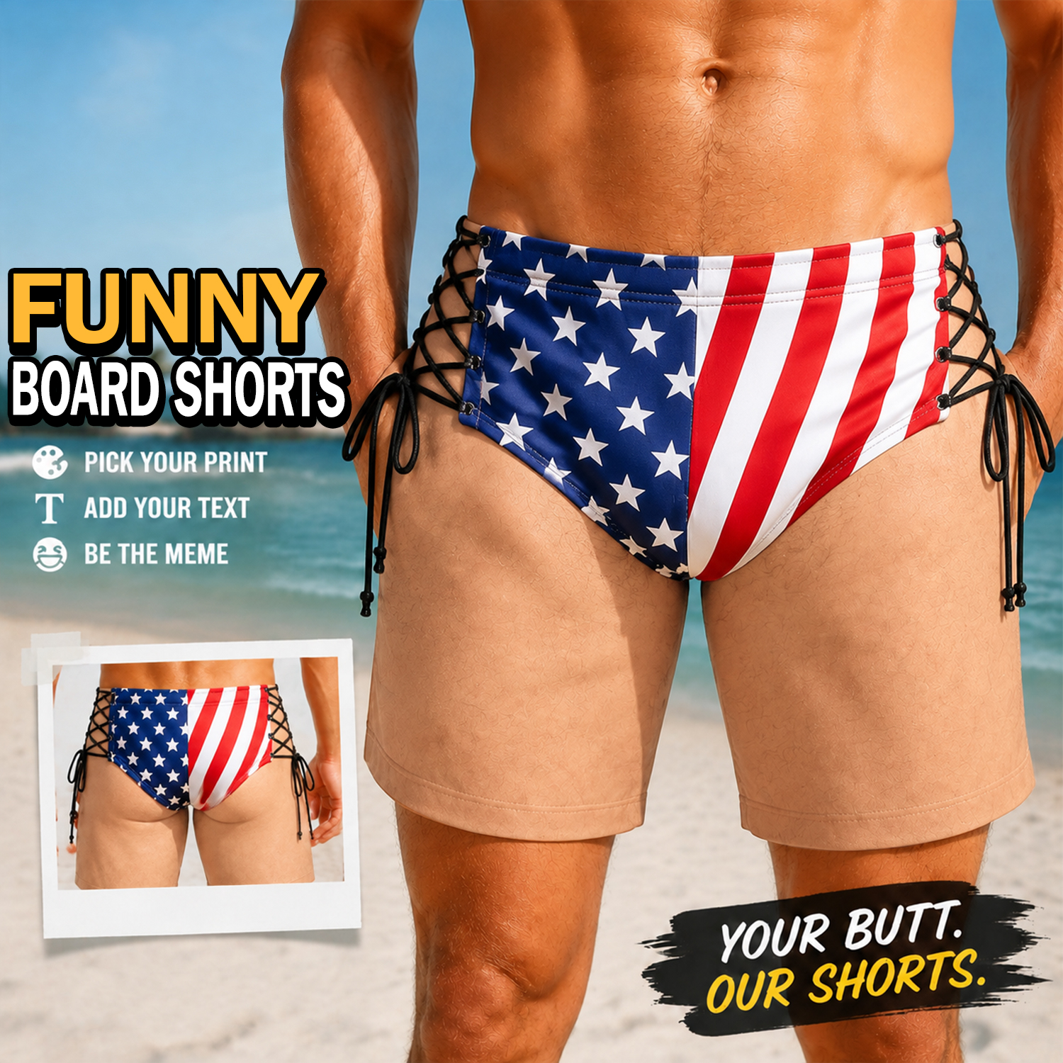 Custom Funny Fake Speedo Men Swim Trunks Personalized Printed American Flag Fake Bikini Swim Trunks Hilarious Beachwear Gift for HimUS