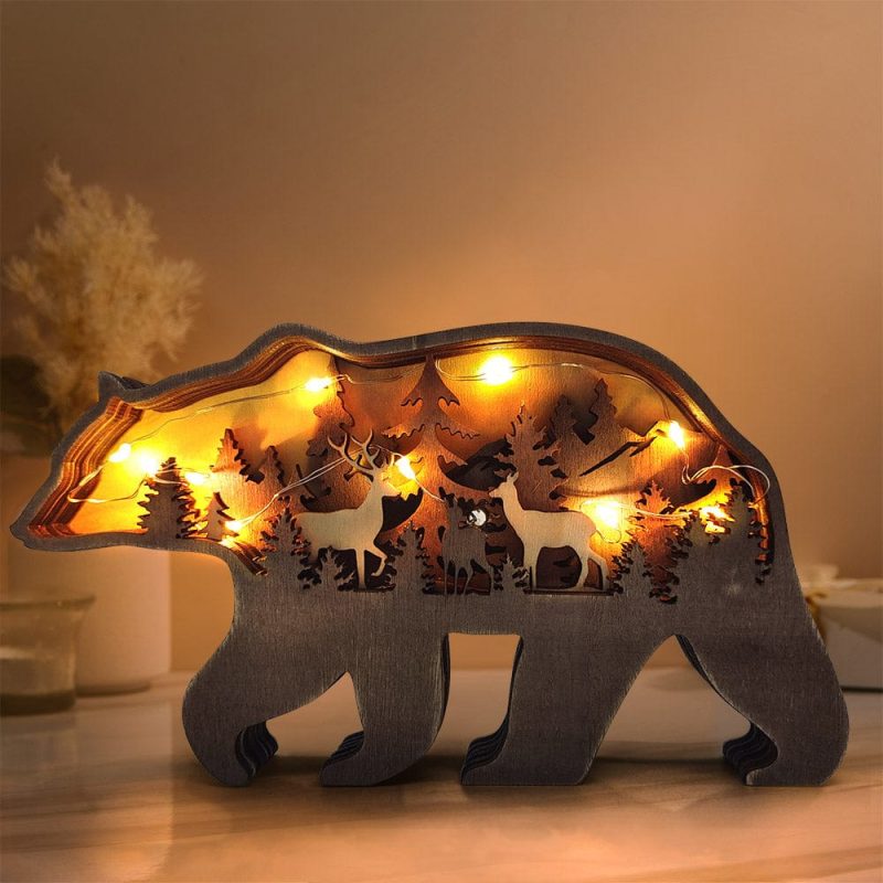 Animal Wooden Statue Wooden Animal Ornament Multilayer Woodland Bear Silhouette Decor