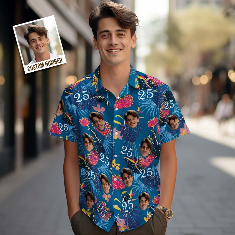 Custom Face Hawaiian Shirt Number and Face Hawaiian Shirt Dark Blue Sleeves and Pink Flowers
