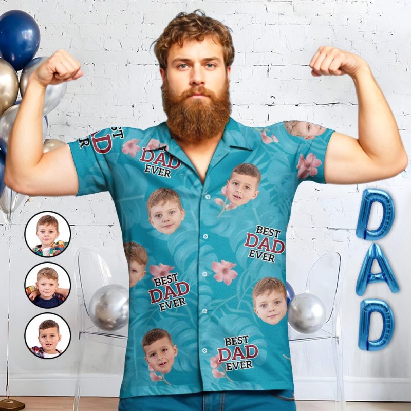 Custom Hawaiian Aloha Shirt Gift For Dad/Grandpa – Custom Photo Best Daddy Ever – Blue
