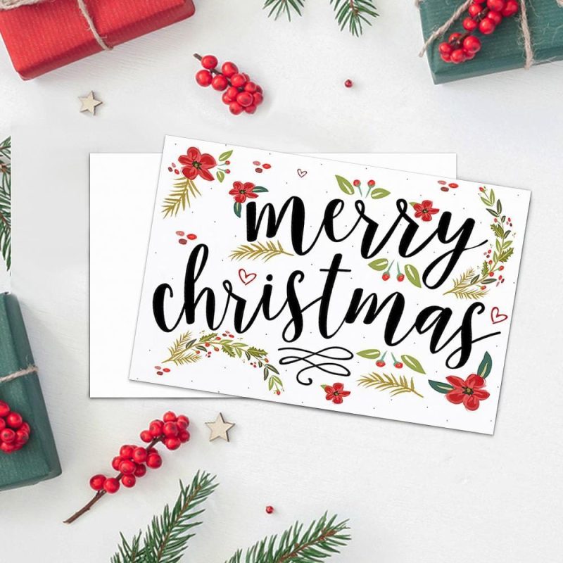 Illustrated Botanical Christmas Cards Merry Christmas Card -Horizontal Card