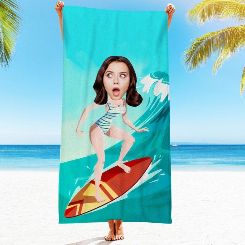 Custom Face Beach Towel Personalized Surf Girl Style Beach Towel Funny Gift for Summer