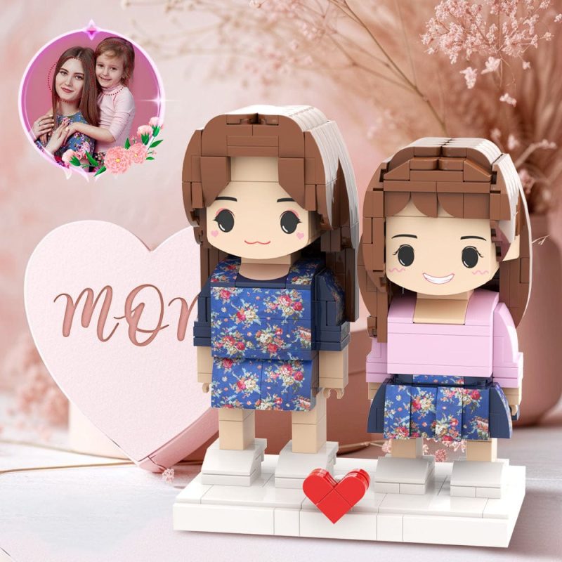 Mother’s Day Daughter Mother Pretty Matching Blue Dress Customizable Head 2 People Custom Brick Figures Gift for Mom On Mother’s Day
