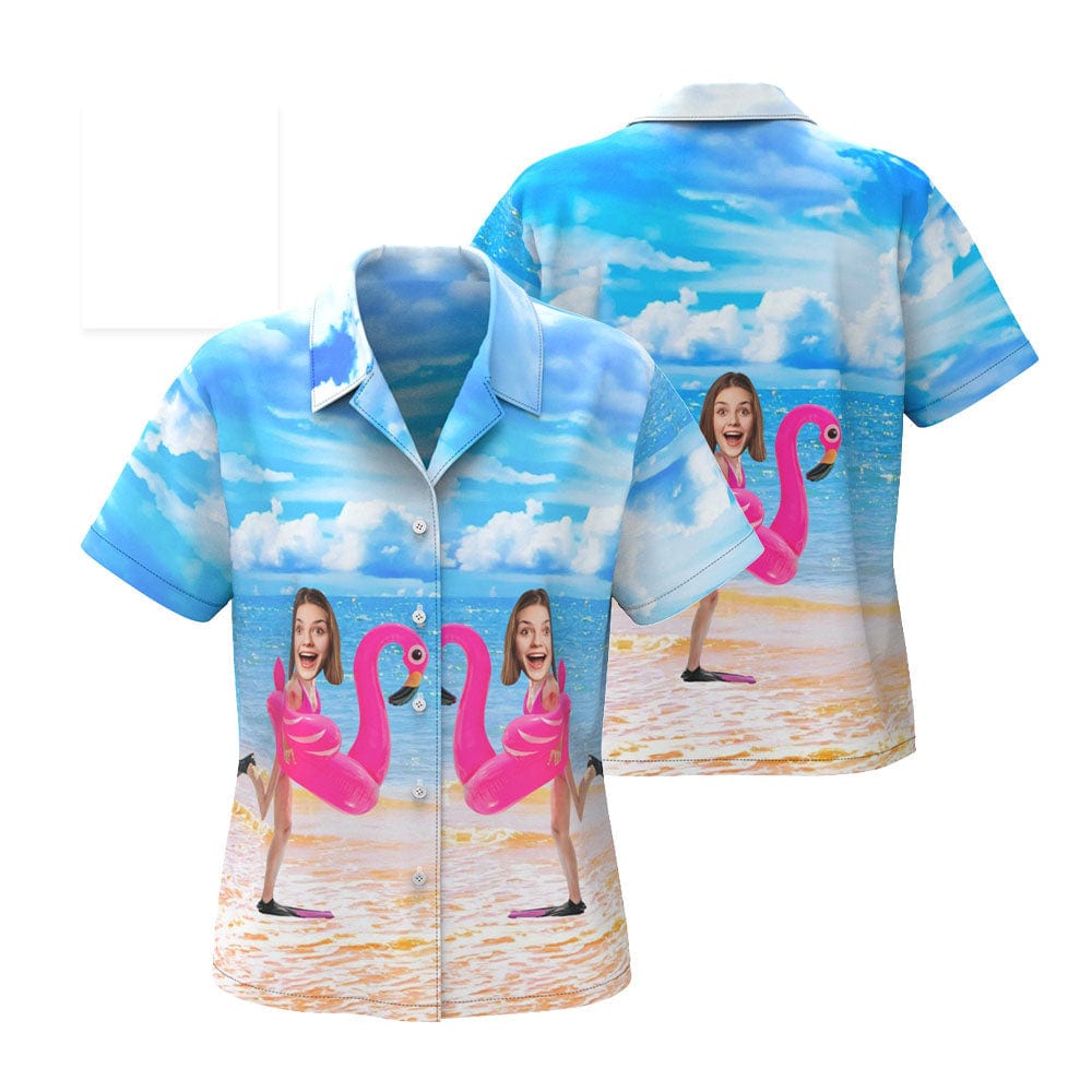 Custom Funny Face Flamingo Hawaiian Shirt Flamingo Swim Ring Hawaiian Shirt For Women - Image 2