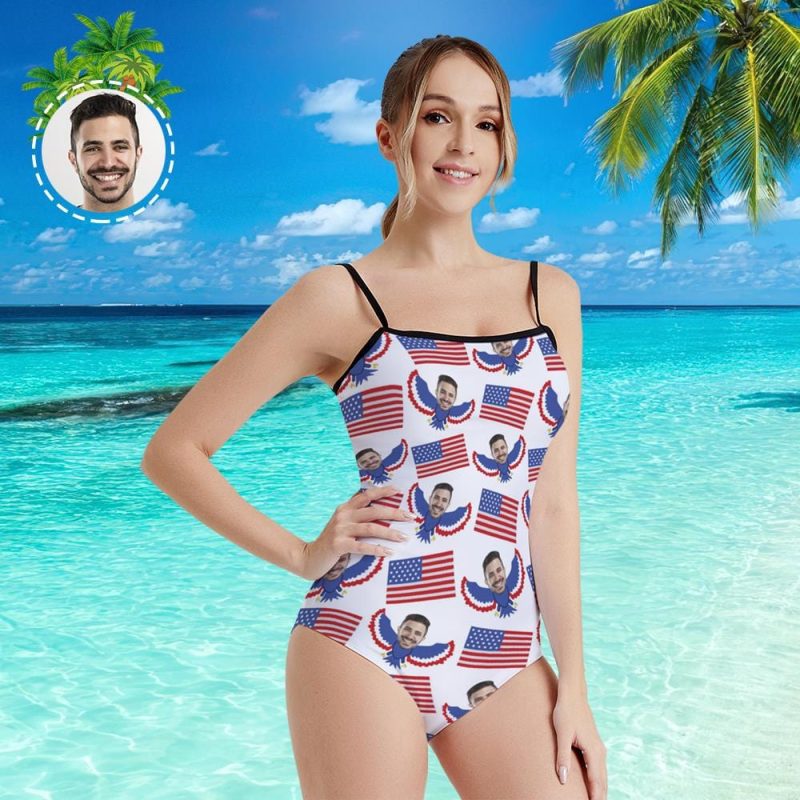 Custom Face Swimwear Women’s Photo Slip One Piece Swimsuit- USA Flag With Bald Eagle