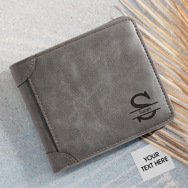 Anniverary Gifts – Men’s Custom Engraved Wallet Custom Name Wallet Grey Leather
