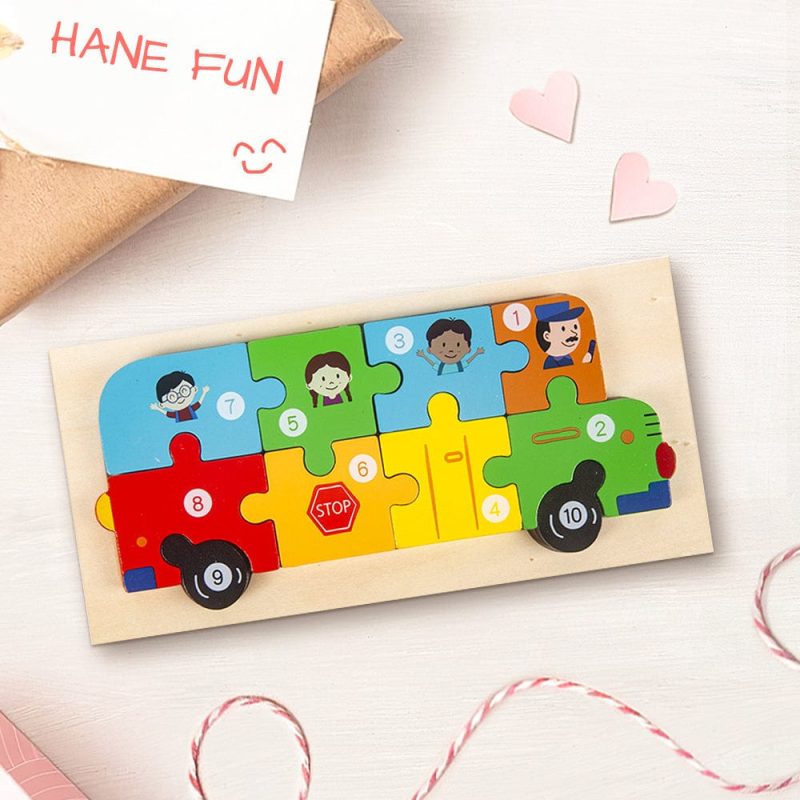 Wooden 3D Jigsaw Puzzle School Bus Number Block Puzzles Educational Learning Montessori Toys for Toddlers