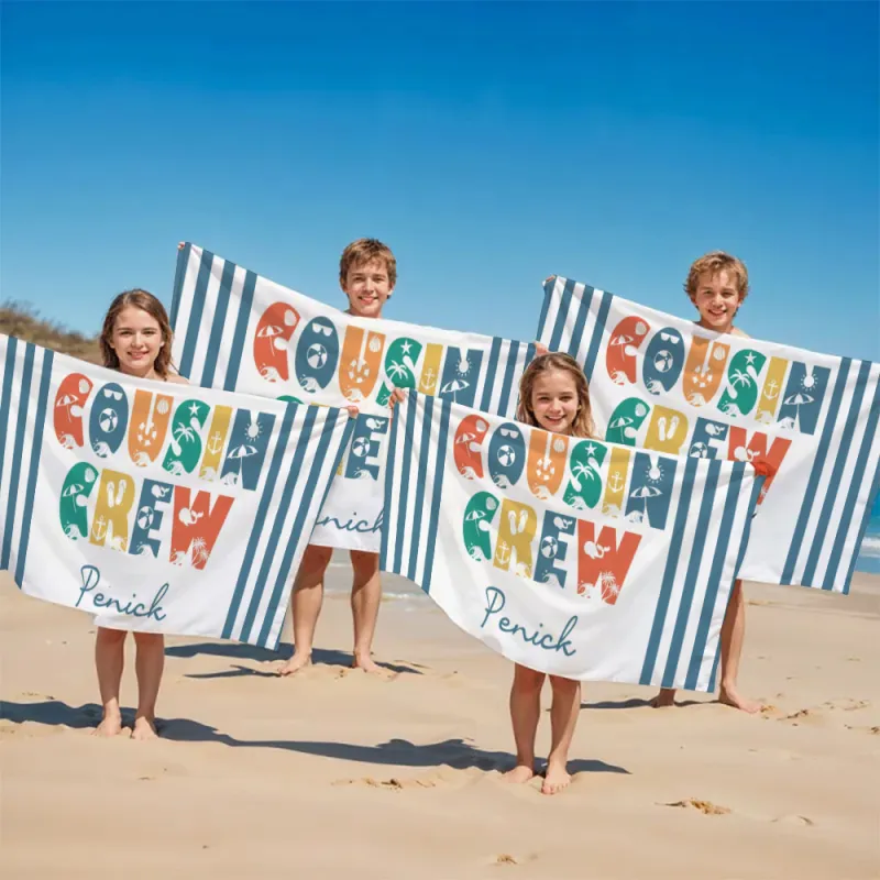 Personalized Cousin Crew Beach Towel, Custom Name Pool Bath Towel, Cousin Vacation Trip Gift