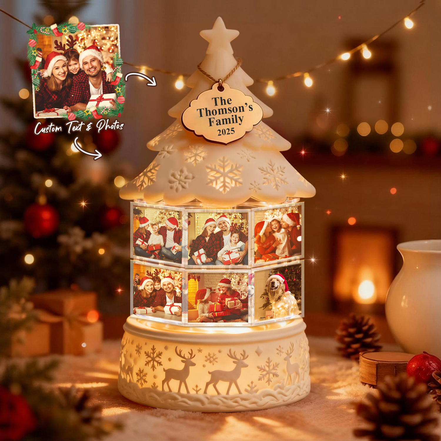 Custom Multi-Photo Rotating Night Light Music Box Engraved Family Keepsake Lamp Christmas Drift Bottle Light Christmas Tree Light Christmas Gift