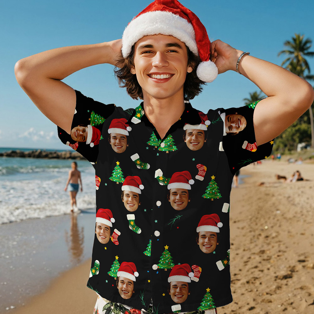 Custom Face Christmas Tree Shirt Hawaiian Shirt Xmas Top Gift for Family Friends Personalized Face Hawaiian Shirt - SantaSocks - Image 2