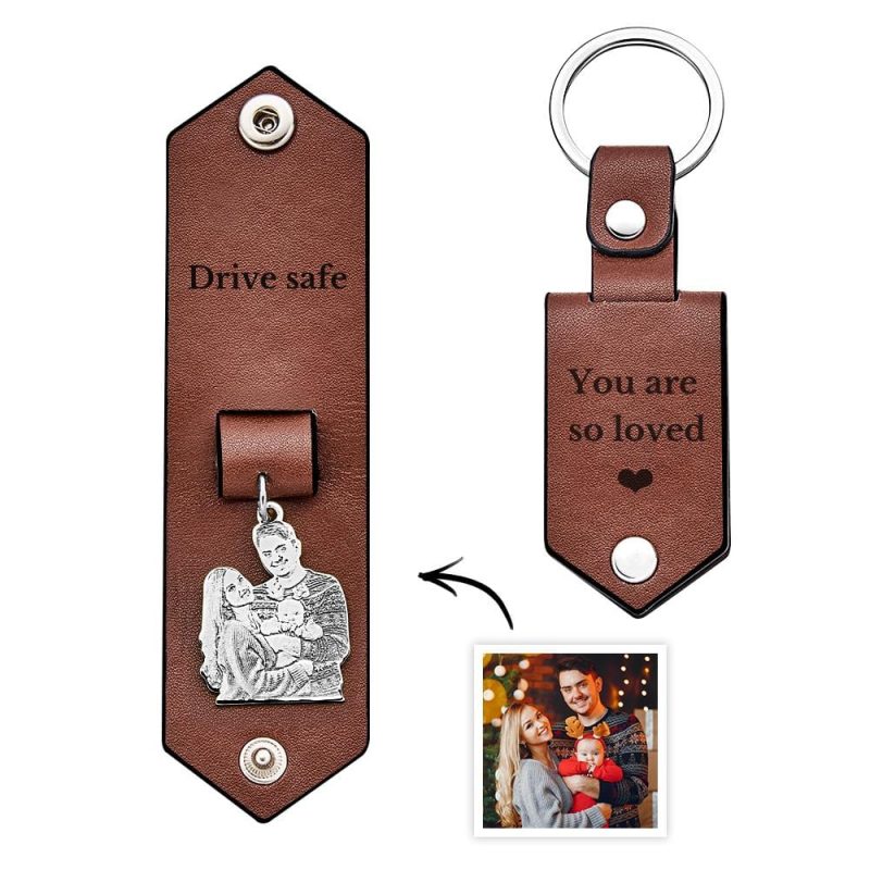 Custom Photo Leather Keychain With Text Annivesary Gifts For Men