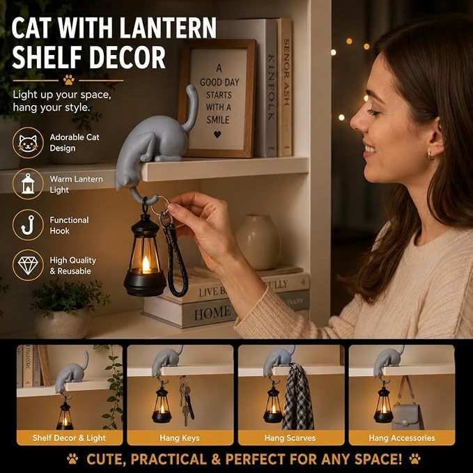 Cat Lantern Shelf Décor — Warm Glow Edition