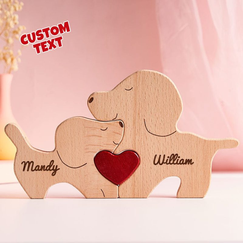 Custom Name Wooden Dog Couple Heart Blocks Valentine’s Day Gifts