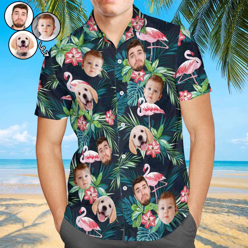 Custom Face Hawaiian Shirt Personalized Men’s Photo Flamingo Flower Vacation Party Gifts – Up to 3 Faces