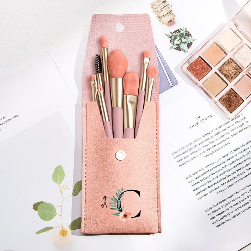 Personalized Flower Leather Makeup Brush Bag with 8 Pcs Makeup Brushes Gift for Her