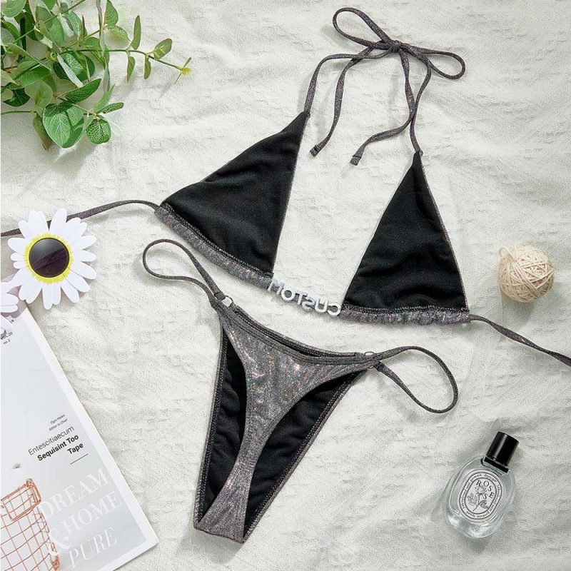 Custom Name Silver Triangle Bikini Sets Sexy DIY Crystal Letters Bikini