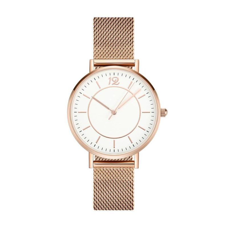 Mesh Quartz Watch In Stainless Steel Rose Gold Strap And White Dial For Women
