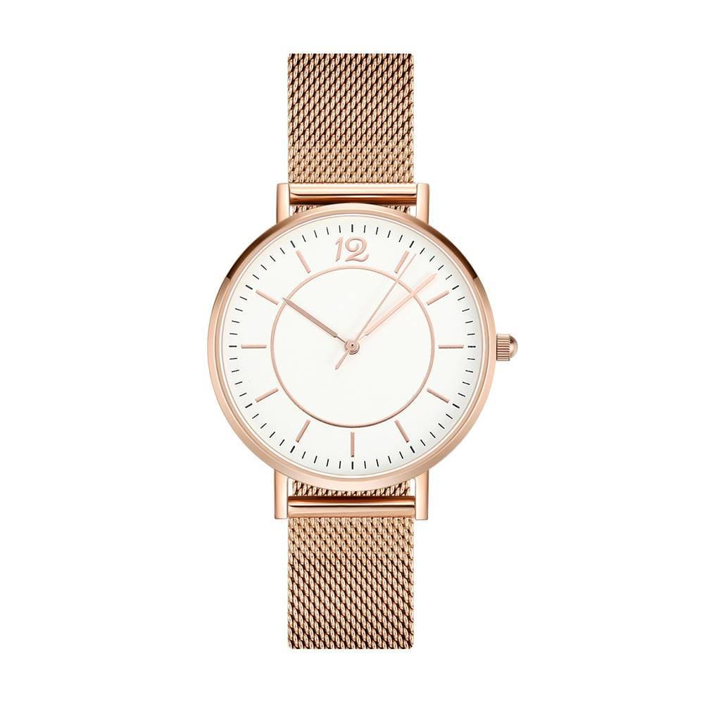 Mesh Quartz Watch In Stainless Steel Rose Gold Strap And White Dial For Women