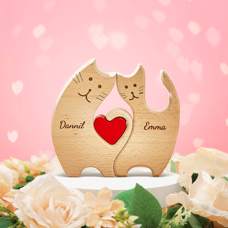 Valentine’s Day Gifts Personalized Wooden Cats Custom Family Member Names Puzzle Home Decor Gifts