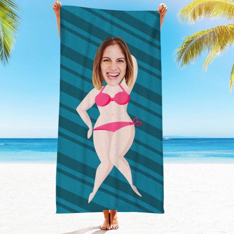 Custom Face Beach Towel Personalized Sexy Pink Bikini Beauty Style Beach Towel Funny Gift for Summer