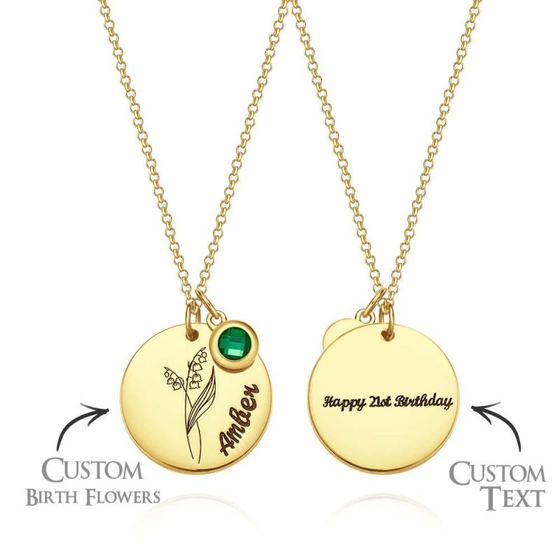 Personalized Birth Flower Name Necklace with Birthstone Mother’s Day Gift