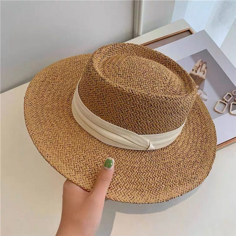 Women Fashion Summer Flat Top Straw Hat Sun Hat Travel Beach Cap