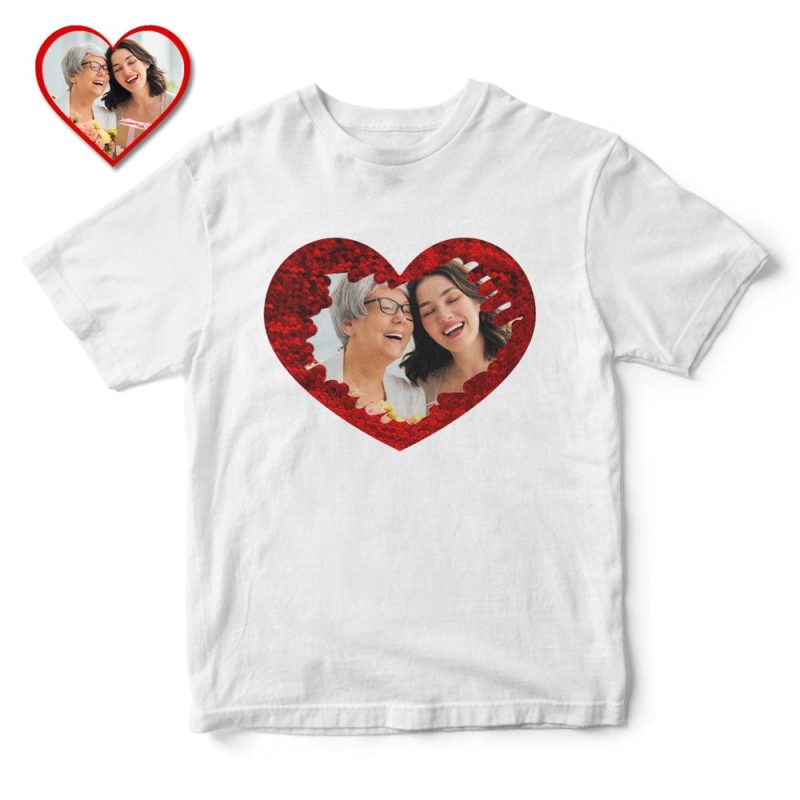 Custom Sequin T-Shirt Personalized Heart-shaped Photo Sequin T-Shirt Mother‘s Day Shirt