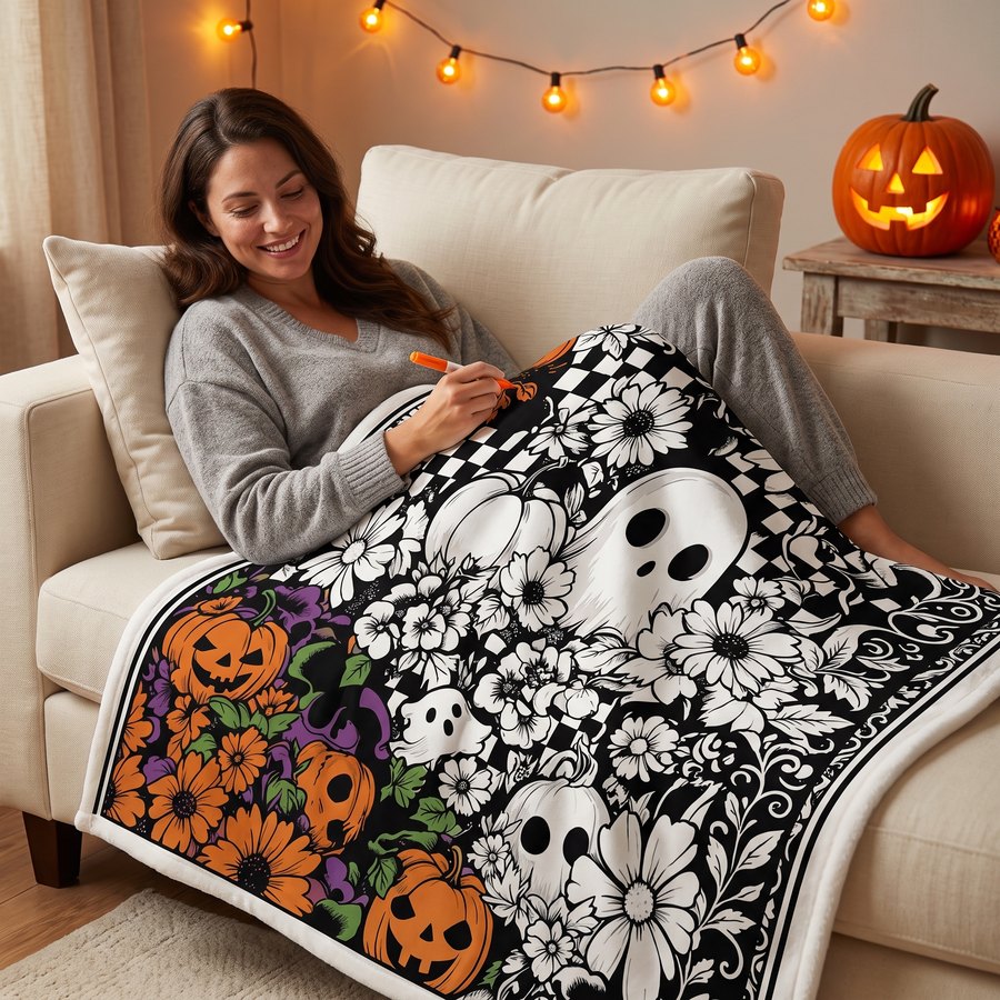 DIY Halloween Custe Ghost Drawing Blanket (Optional 24-Color Marker Set) Create Your Art Blanket Washable Keepsake Blanket for Kids & Adults - Image 3