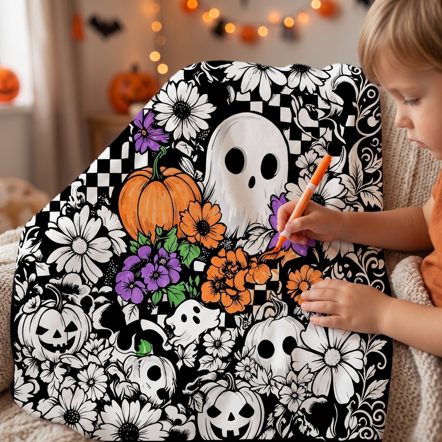 DIY Halloween Custe Ghost Drawing Blanket (Optional 24-Color Marker Set) Create Your Art Blanket Washable Keepsake Blanket for Kids & Adults - Image 2