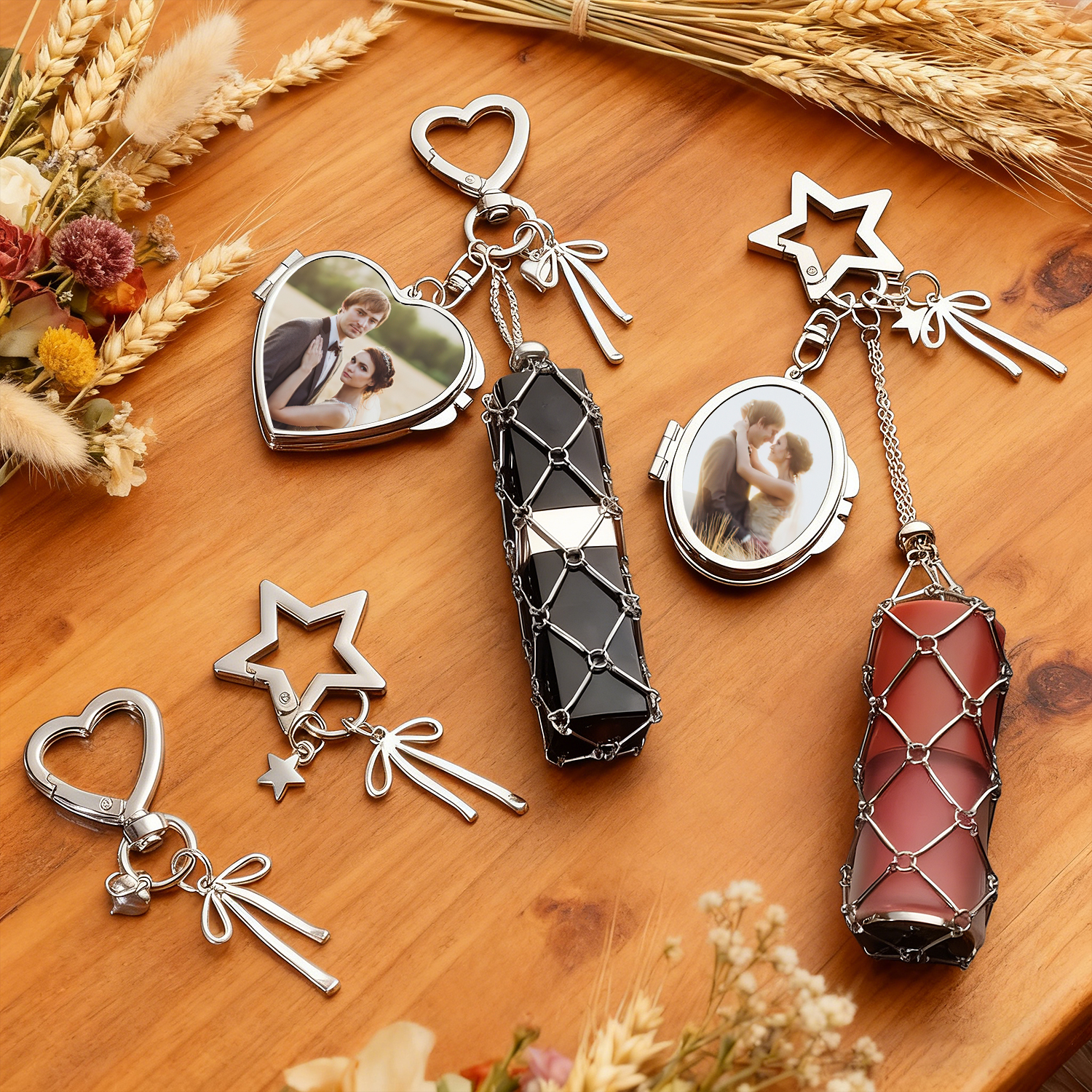 Personalized Lipstick Keychain with Mirror: Stainless Steel Makeup Bag Charm Valentine's Day Gifts - Image 2