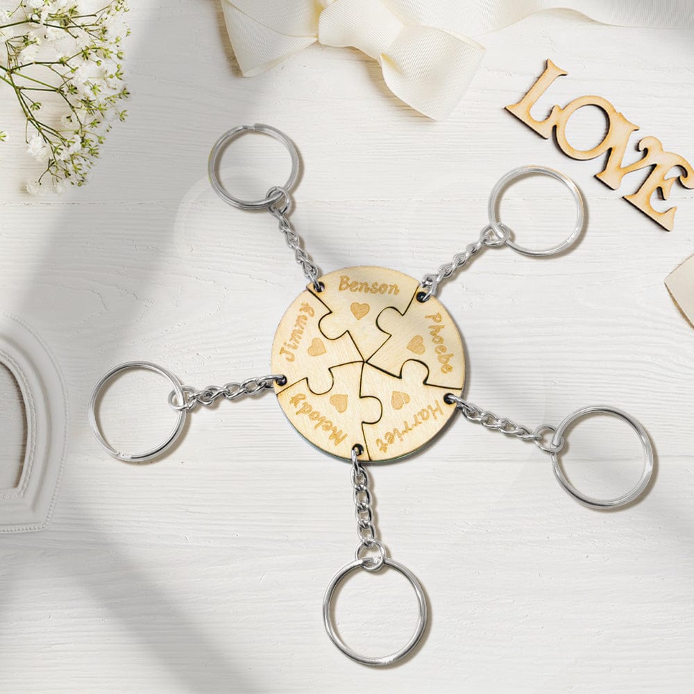 Personalized Puzzle Keychain Set Engraved 5 Pieces Wooden Key Ring Birthday Gifts
