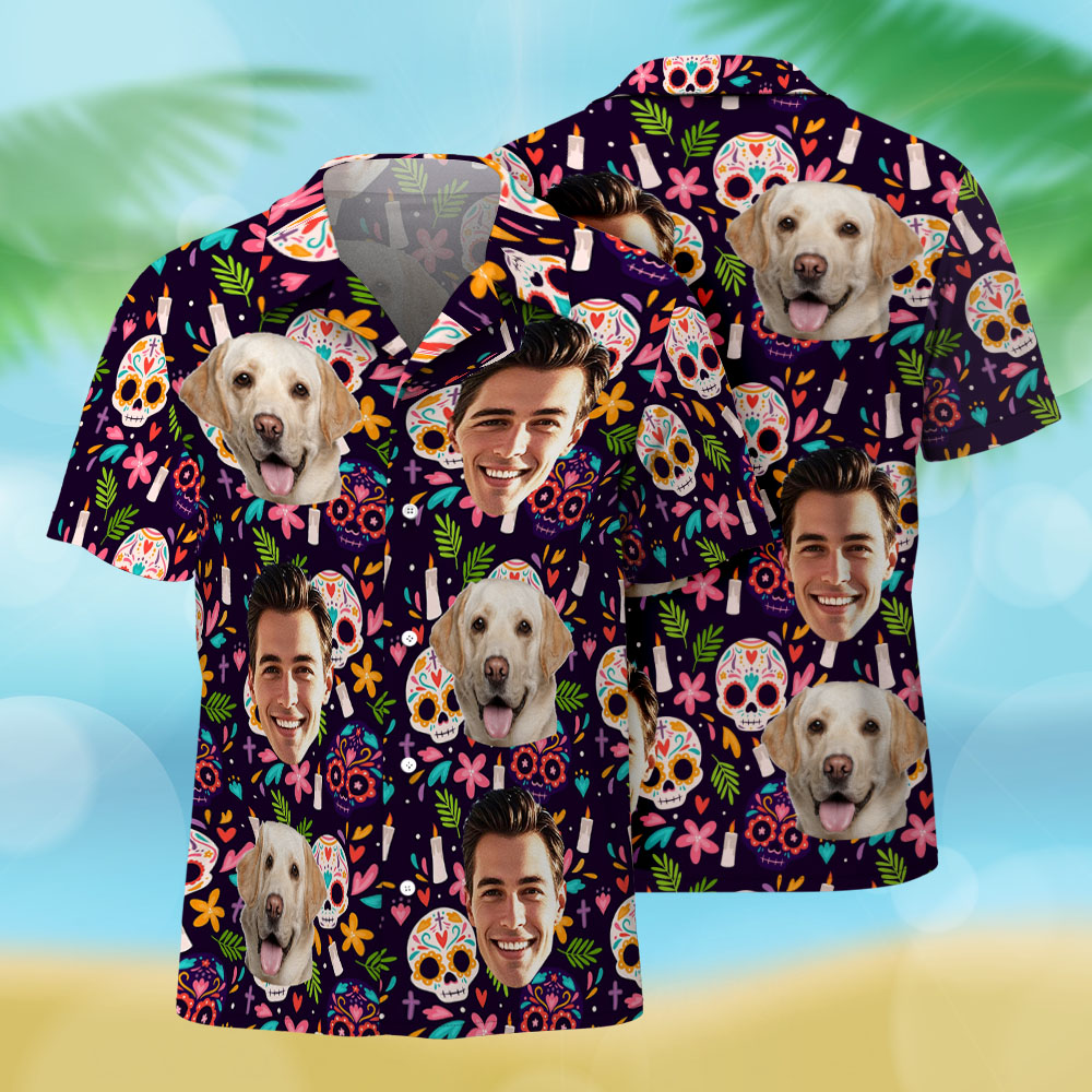 Custom Photo Hawaiian Shirts Personalized Face Mexican Hawaiian Shirt Skull Pattern for Him - Image 2